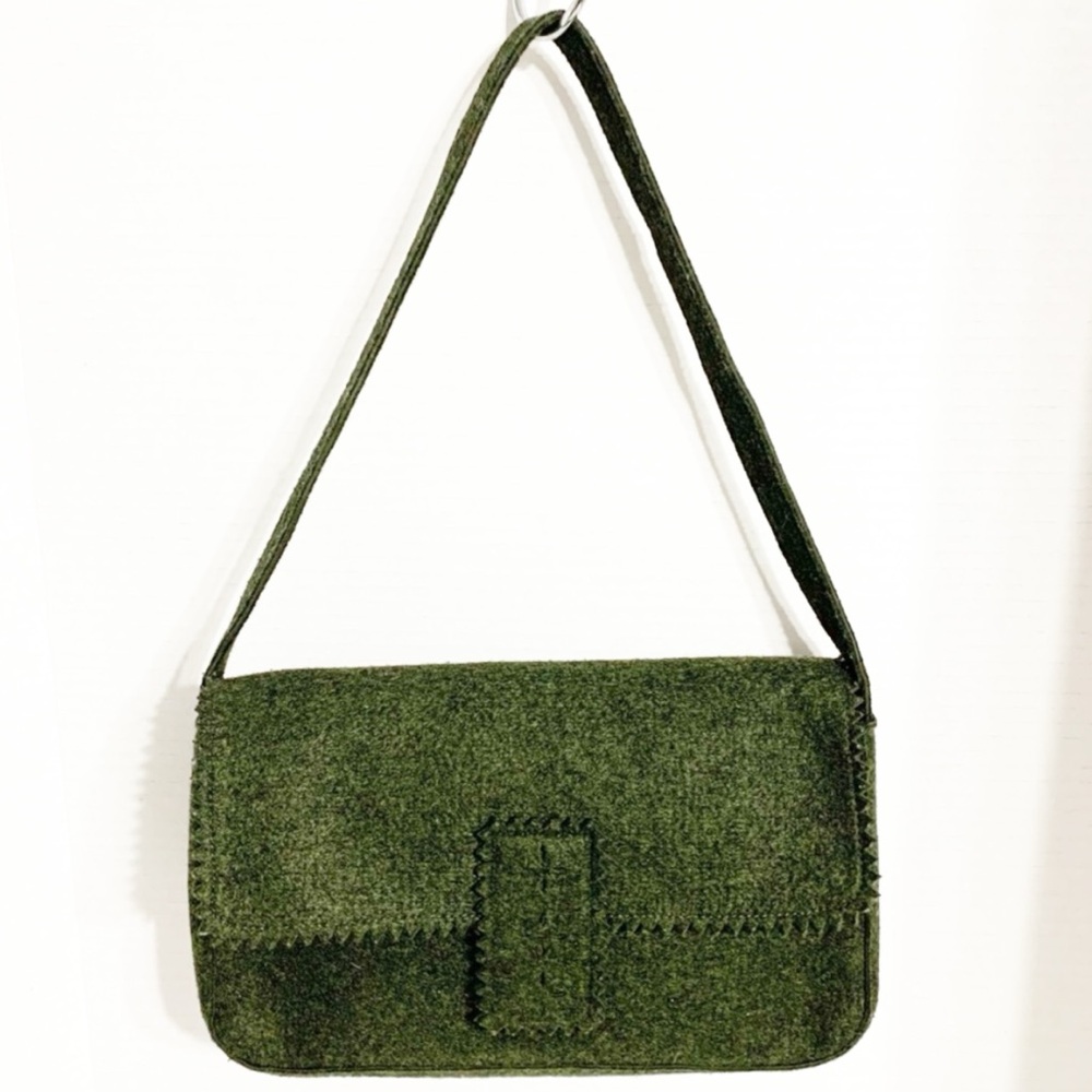 Carlo D’Santi Felted Shoulder Bag Dark Olive Green Pinked Edges Flap Closure